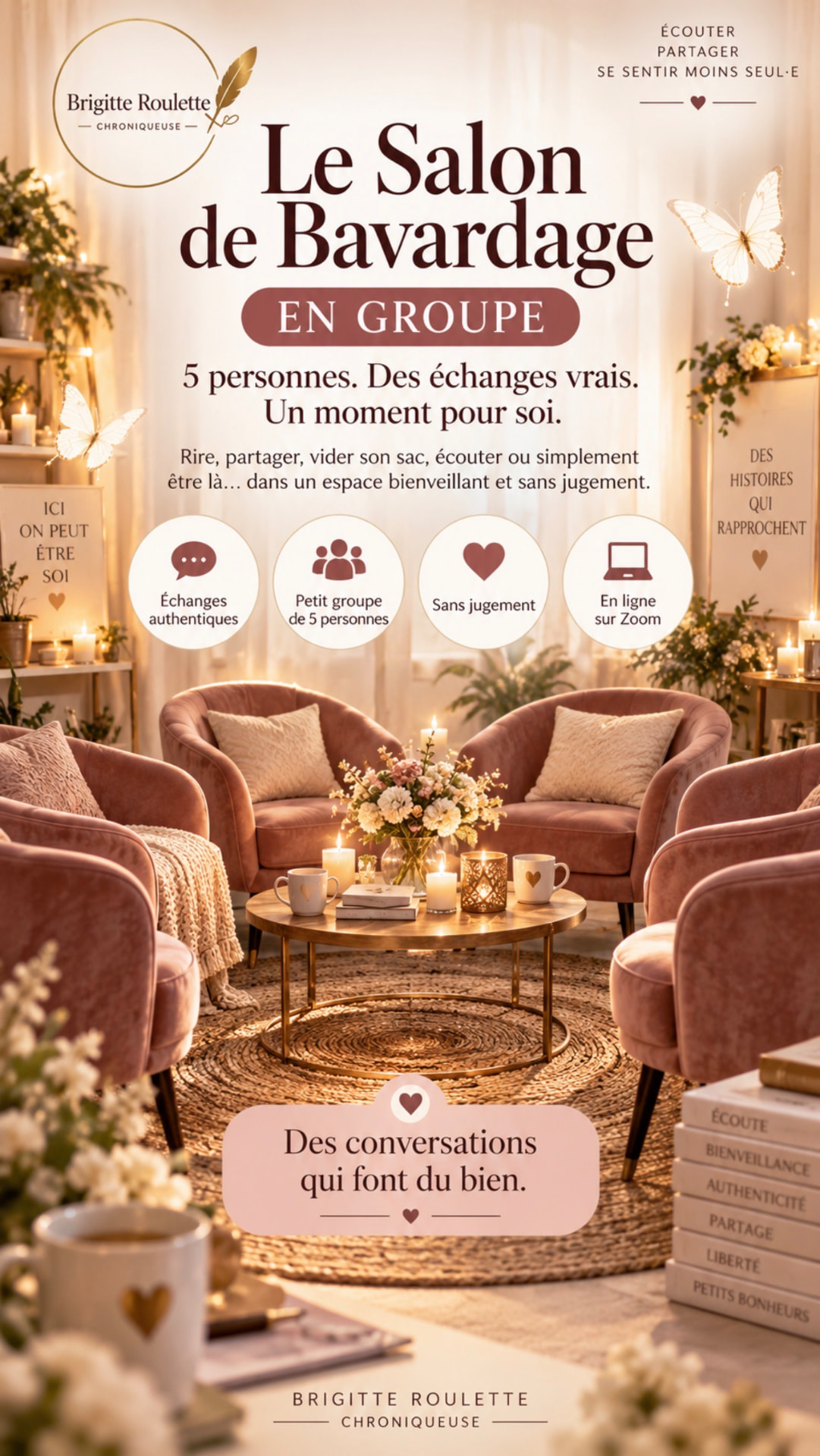 Cinq fauteuils roses disposés en cercle autour d’une table — Table de Bavardage en groupe