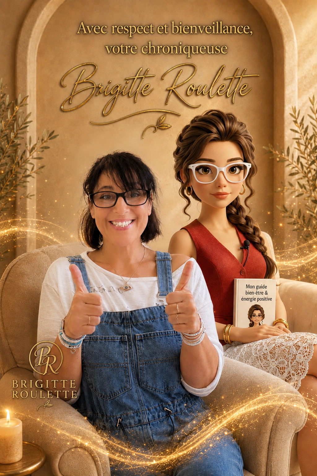 Brigitte Roulette, souriante dans un fauteuil clair, aux côtés de son personnage illustré