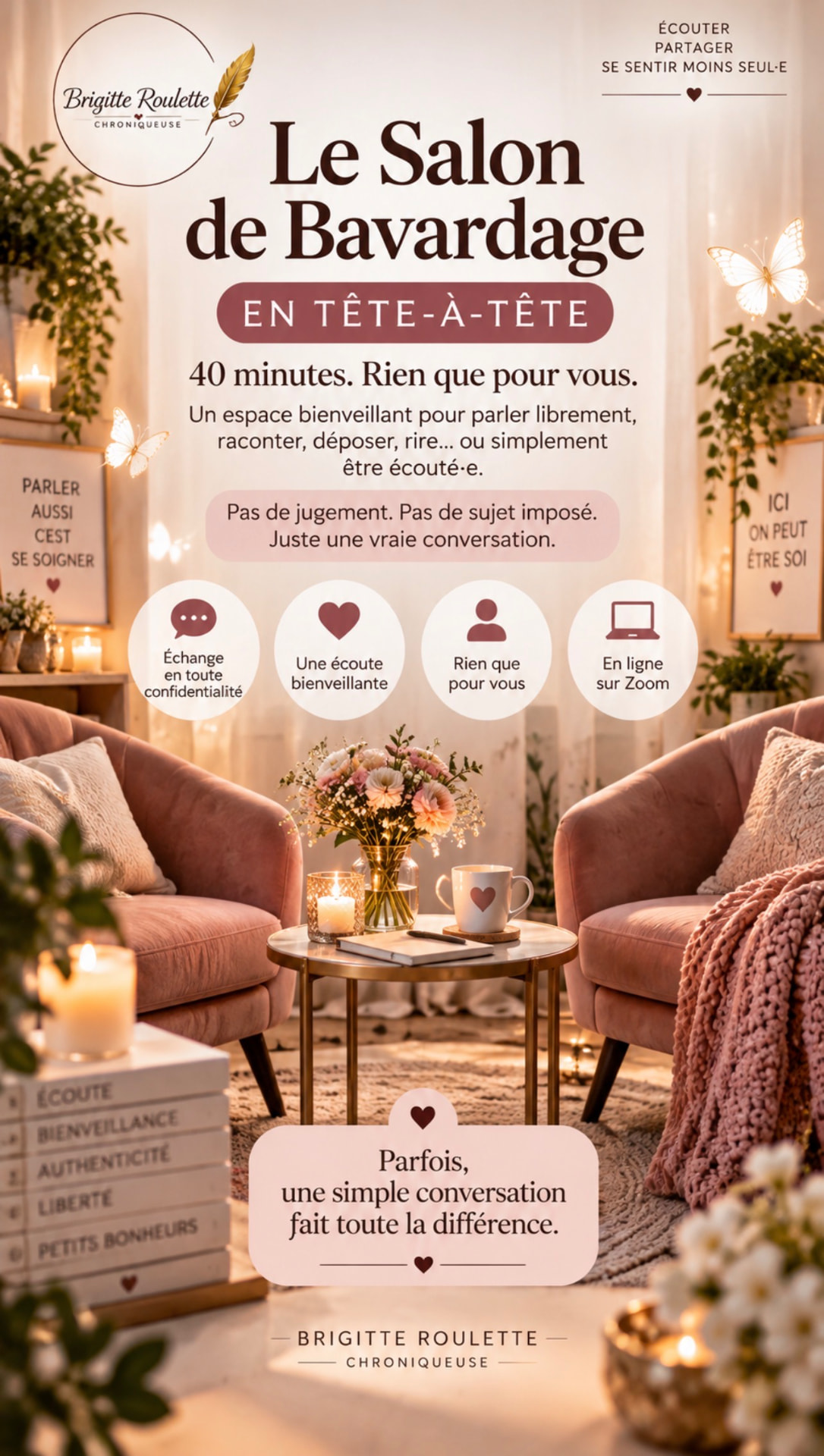 Deux fauteuils roses face à face autour d’une table fleurie — tête-à-tête avec Brigitte