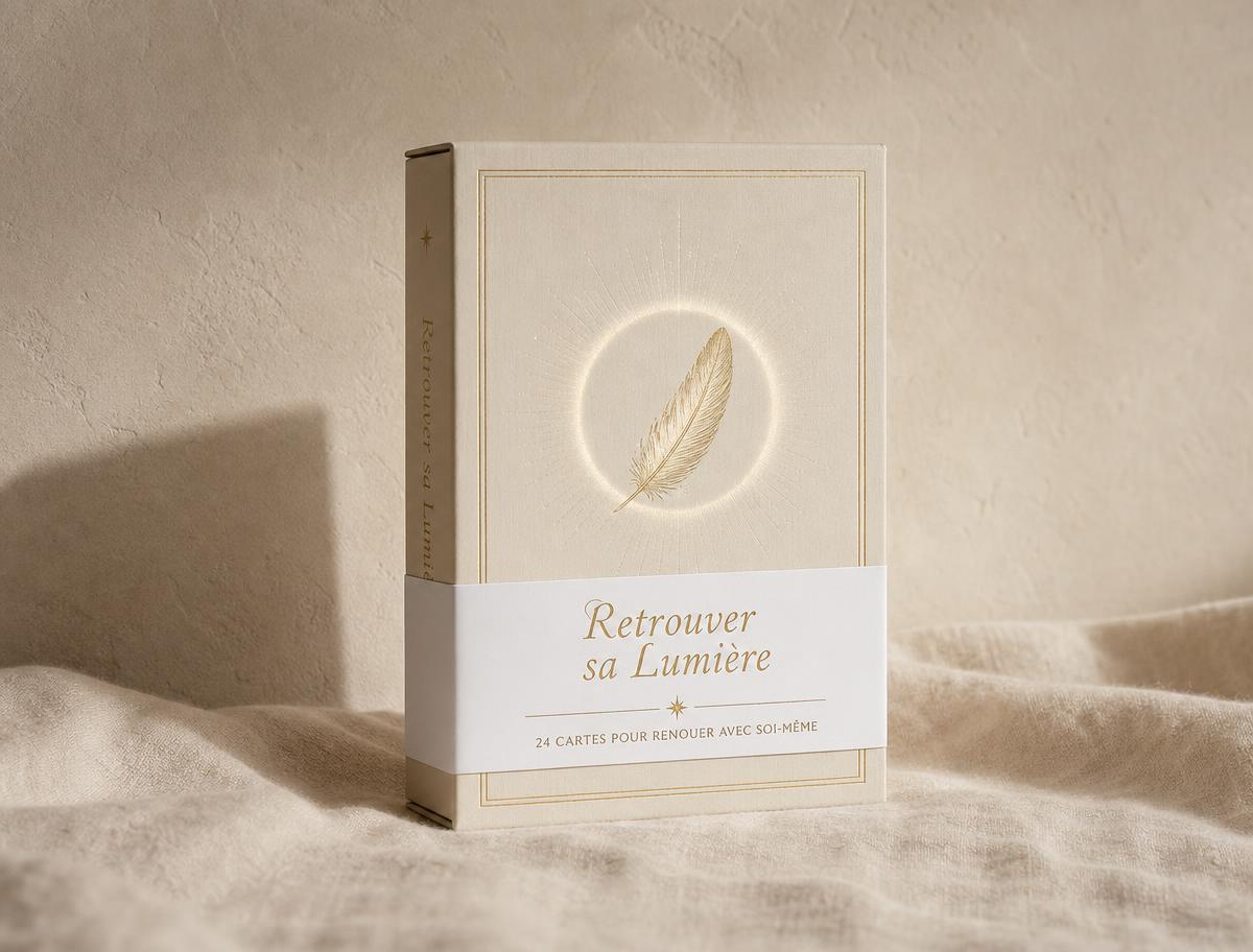 Coffret Oracle « Retrouver sa Lumière » : boîtier ivoire à la plume dorée, cartes et livret sur du lin, feuilles d'olivier
