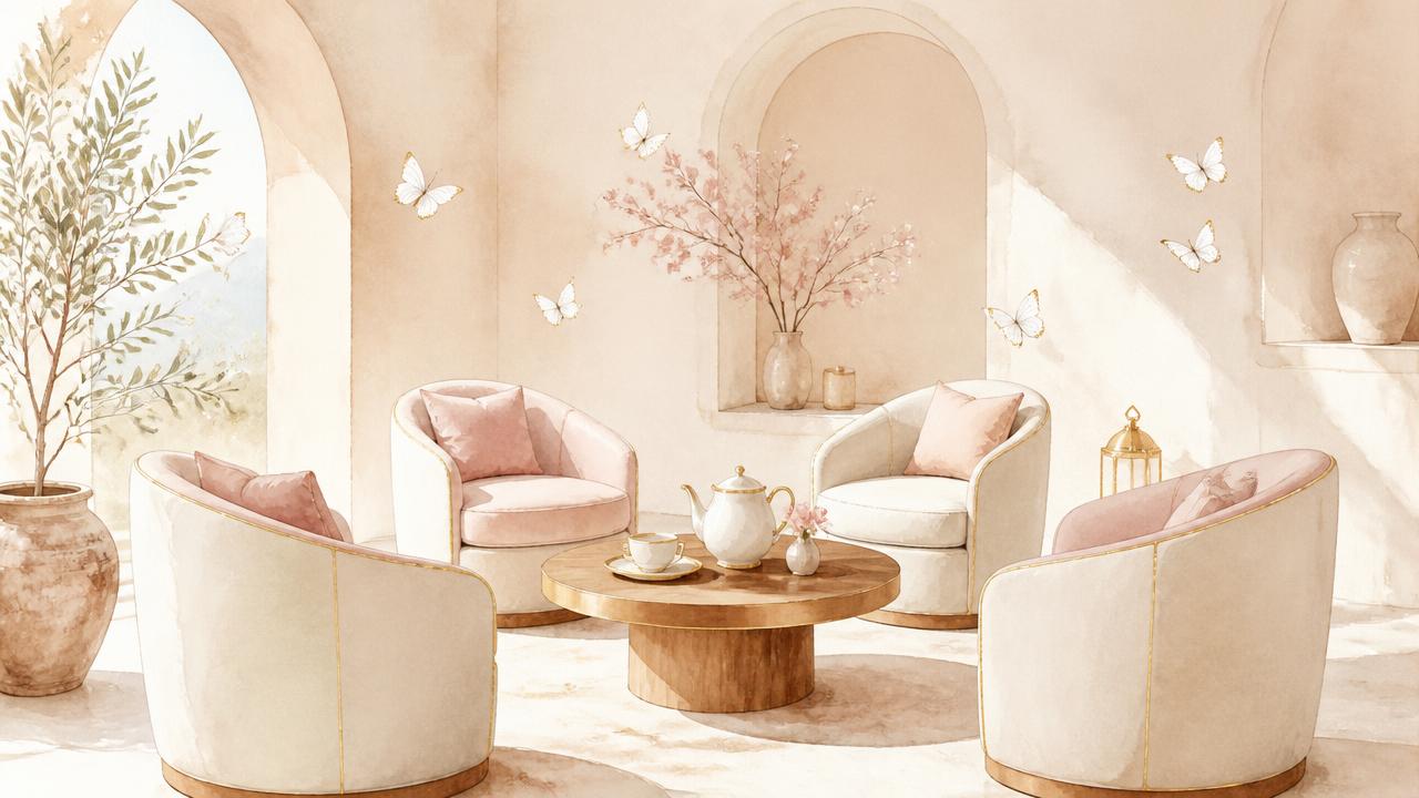 Cinq fauteuils crème et rose poudré disposés autour d’une petite table ronde avec une théière